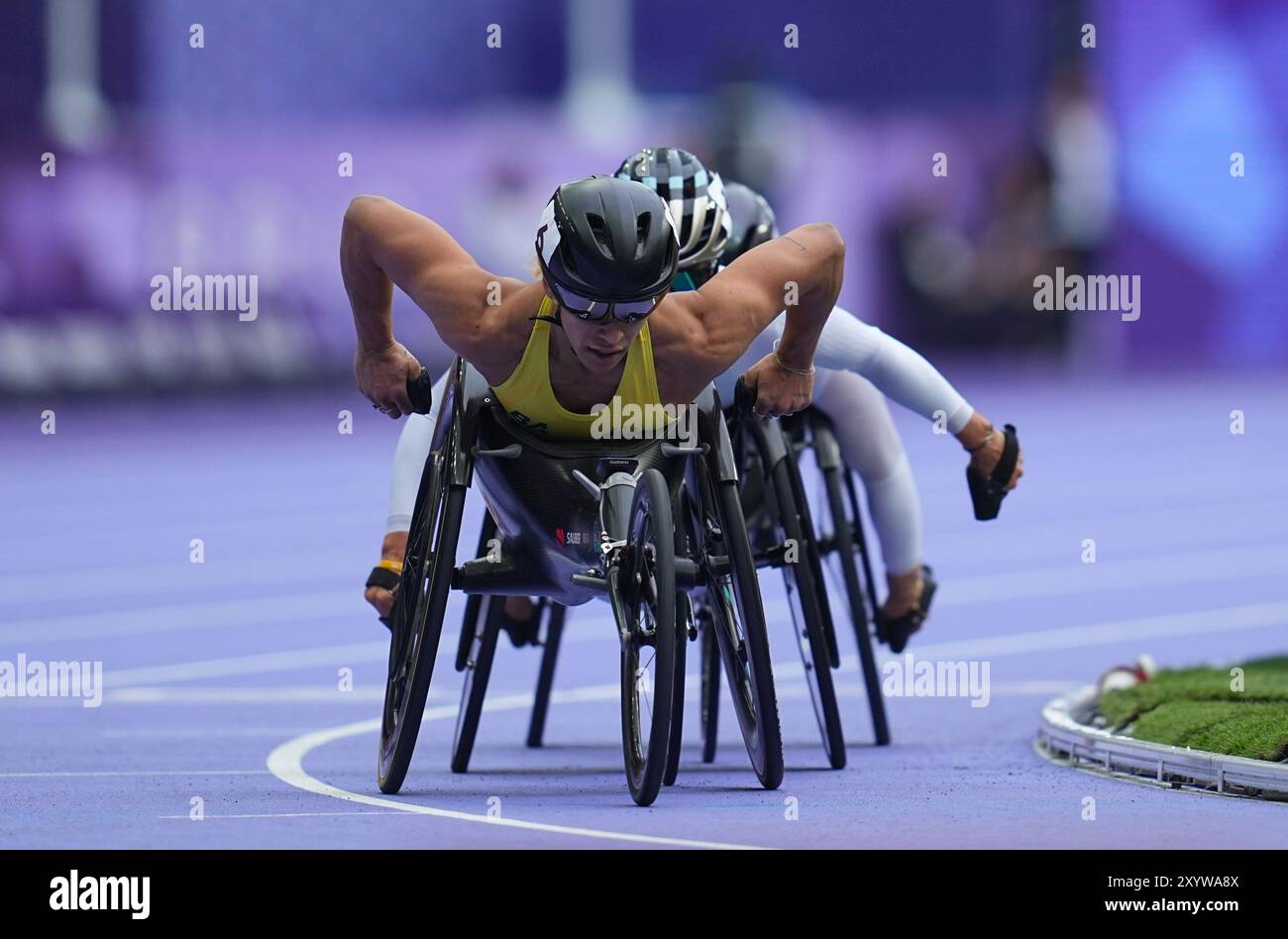 Agosto 31 2024: Madison de Rozario australiana in azione nella finale femminile 5000m - T53 durante i Giochi Paralimpici di Parigi 2024 allo Stade de France, Parigi, Francia. Ulrik Pedersen/CSM. Foto Stock