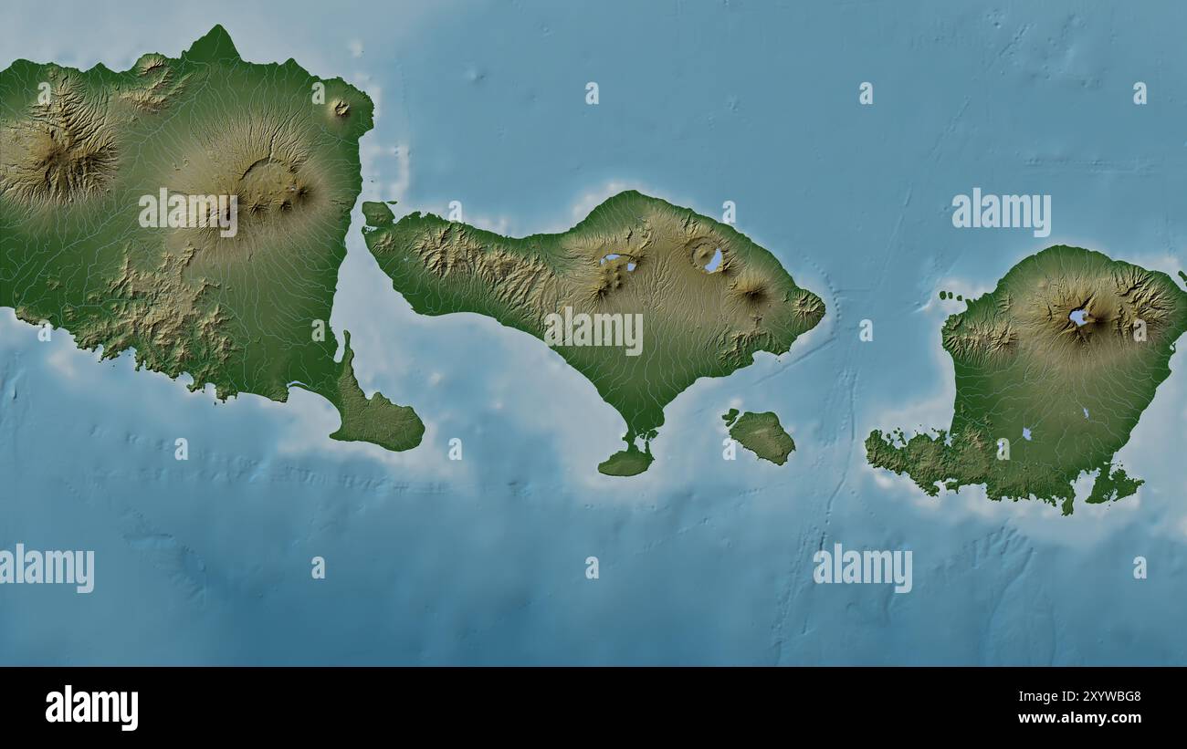 Pulau Bali nel Mare di Bali su una mappa colorata di altitudine Foto Stock