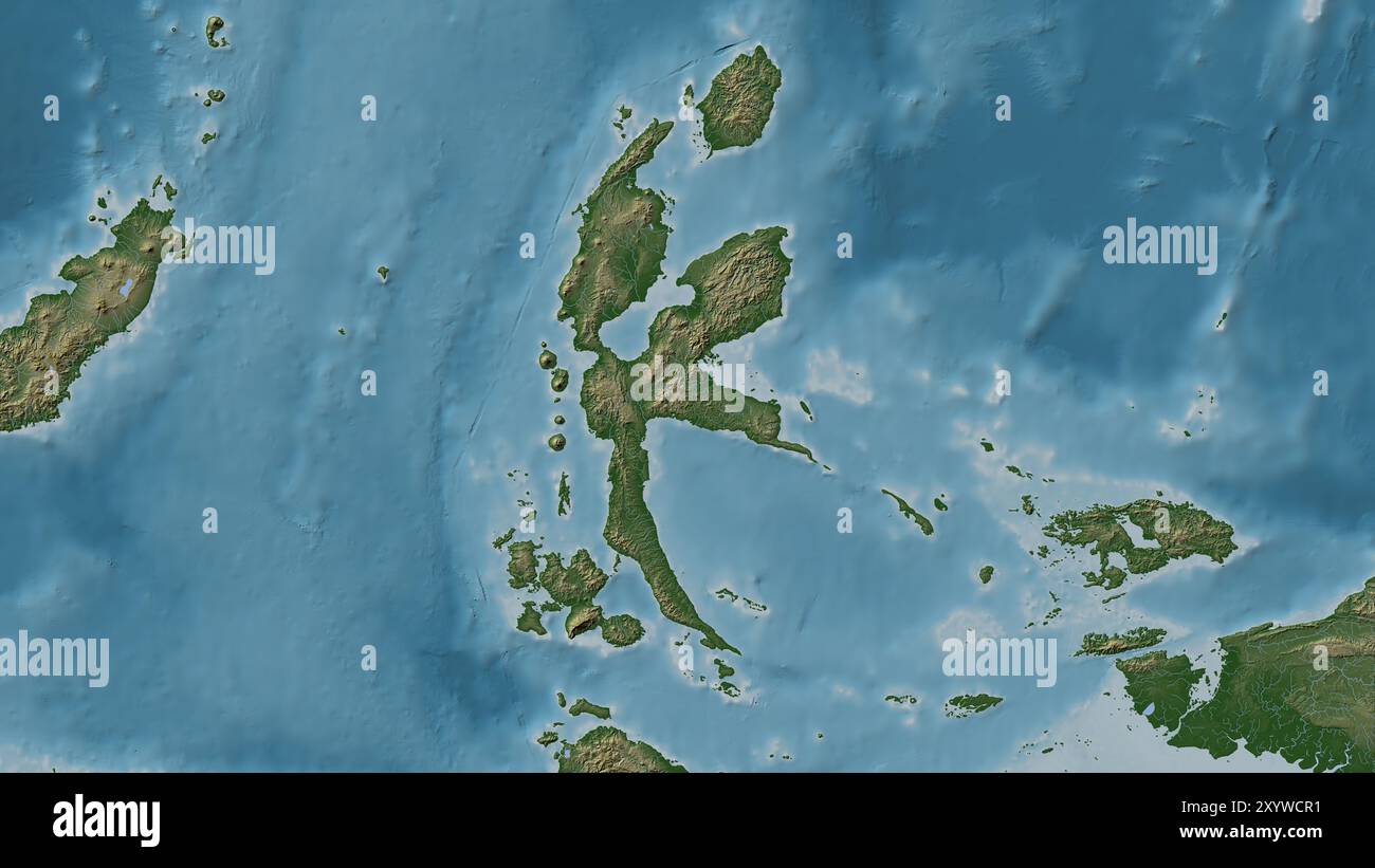 Pulau Halmahera nel Mare delle Molukka su una mappa colorata Foto Stock