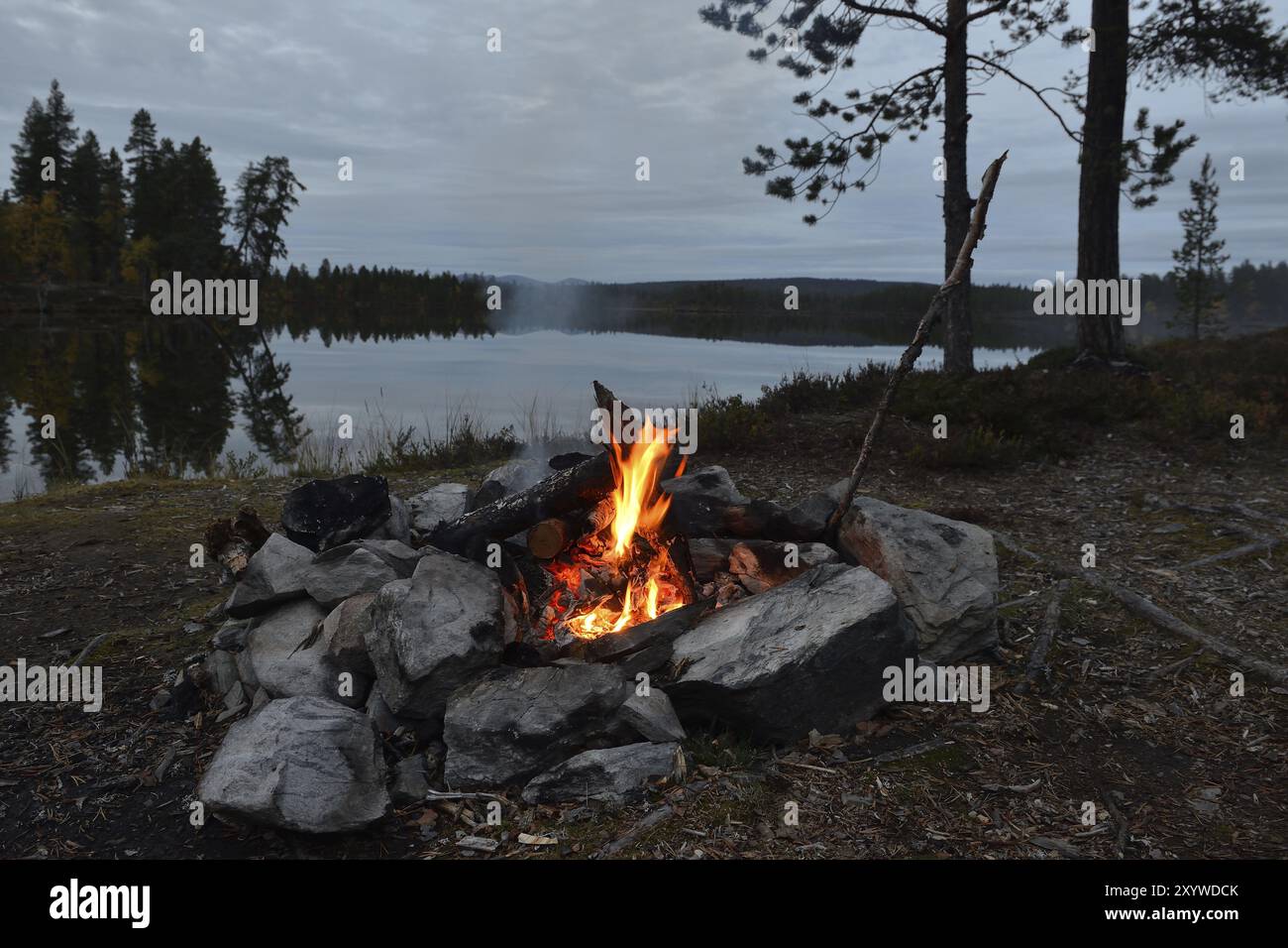 Fuoco di una sera in svezia. Falò in Svezia Foto Stock