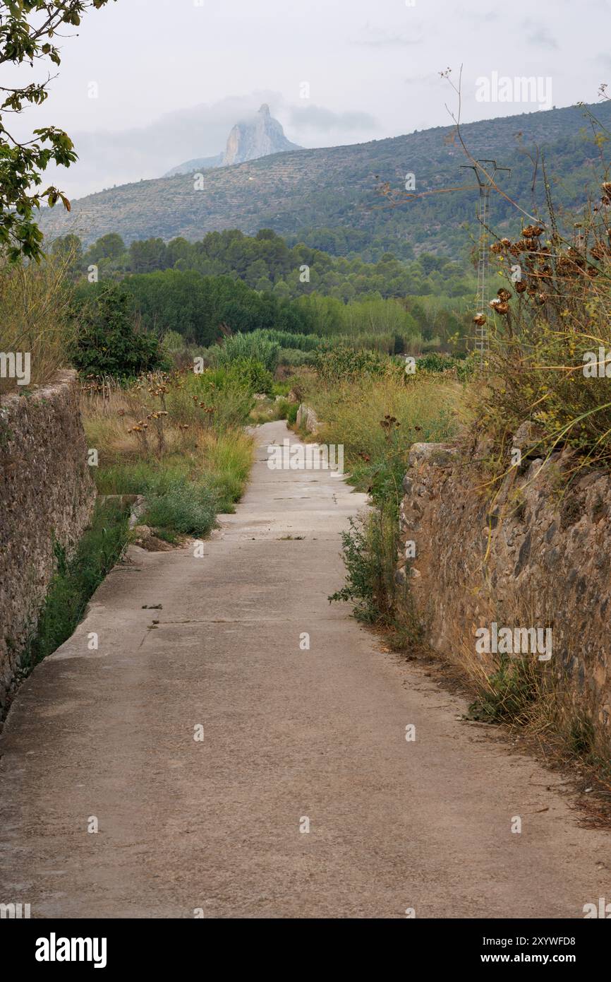 Strada di accesso all'area ricreativa Serpis a Lorcha con la vetta Benicadell sullo sfondo. Spagna Foto Stock