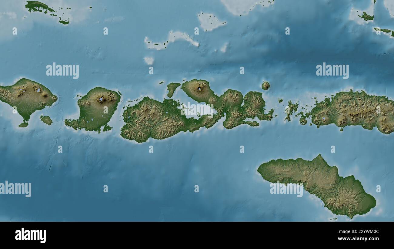 Pulau Sumbawa nel mare di Bali su una mappa colorata di altitudine Foto Stock