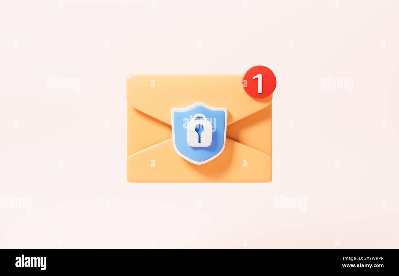 Posta cartoni animati con scudo, crittografia della posta, rendering 3D. illustrazione 3d. Foto Stock