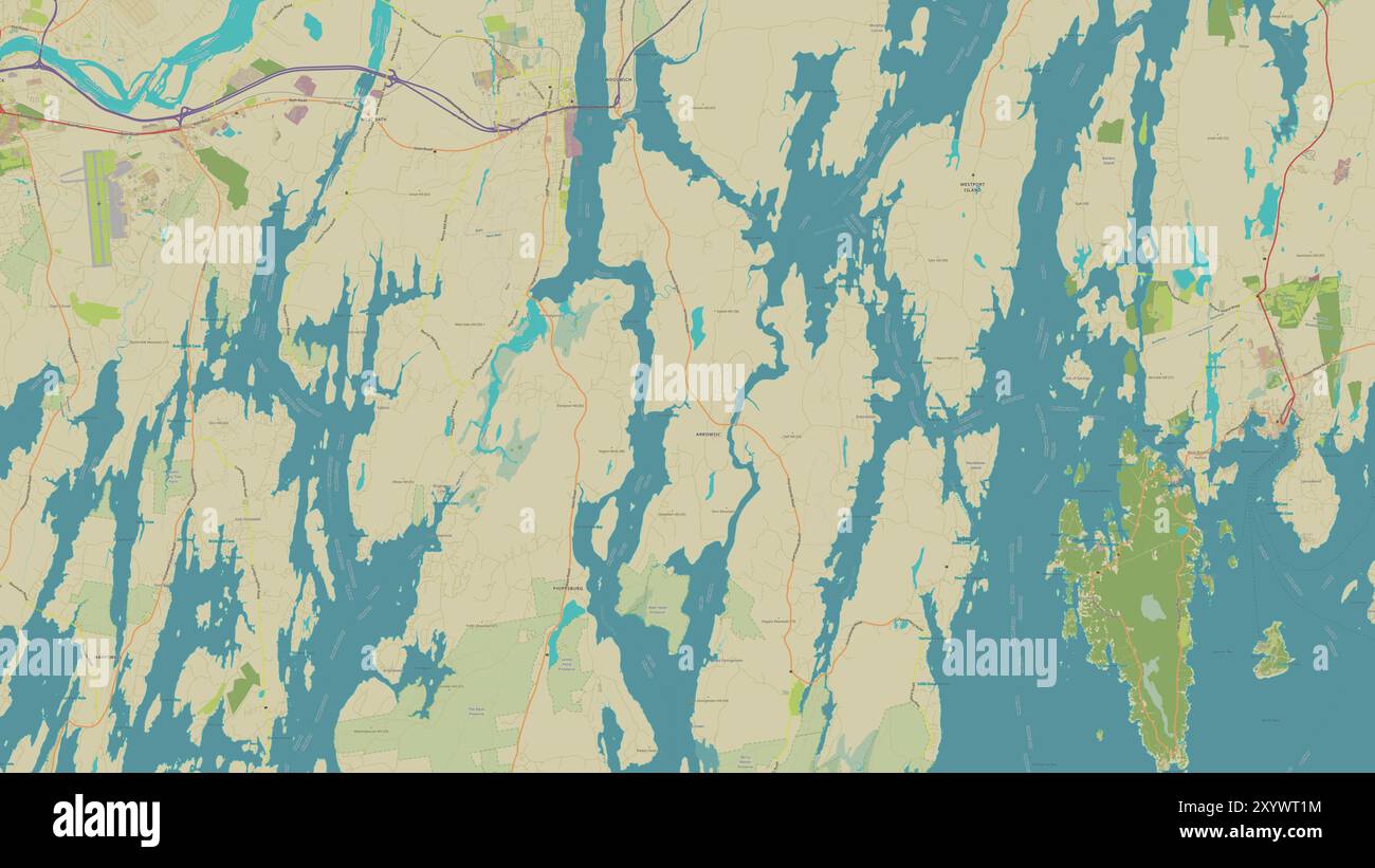 Arrowsic Island nell'Oceano Atlantico settentrionale su una mappa topografica in stile umanitario OSM Foto Stock