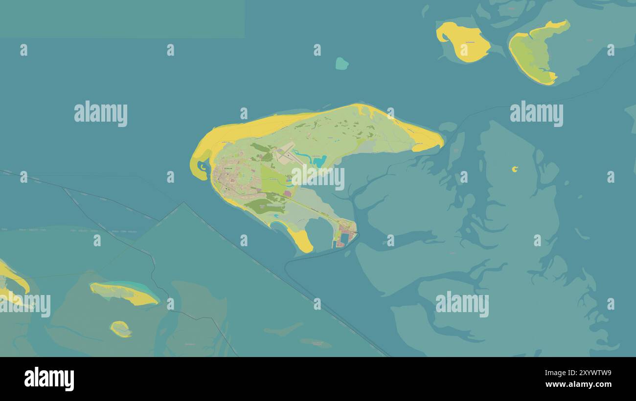 Borkum Island nel Mare del Nord su una mappa topografica in stile umanitario OSM Foto Stock