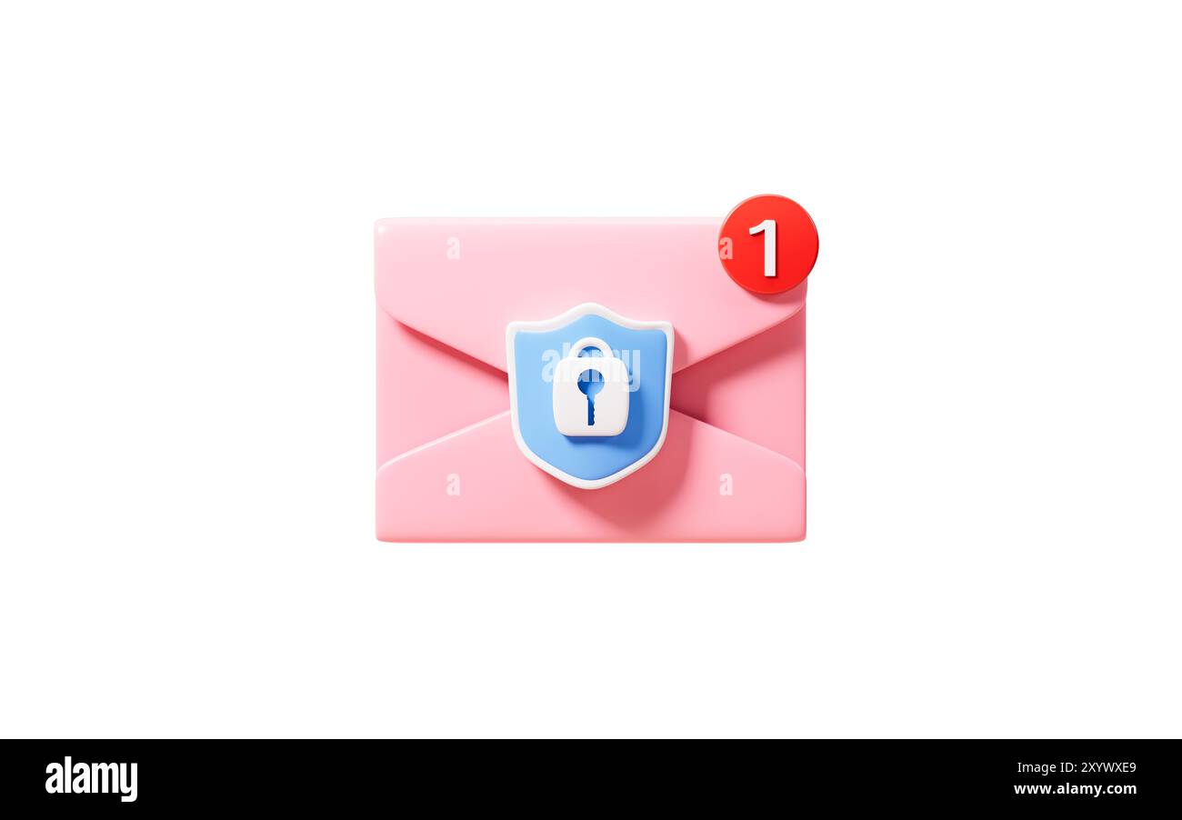 Posta cartoni animati con scudo, crittografia della posta, rendering 3D. illustrazione 3d. Foto Stock