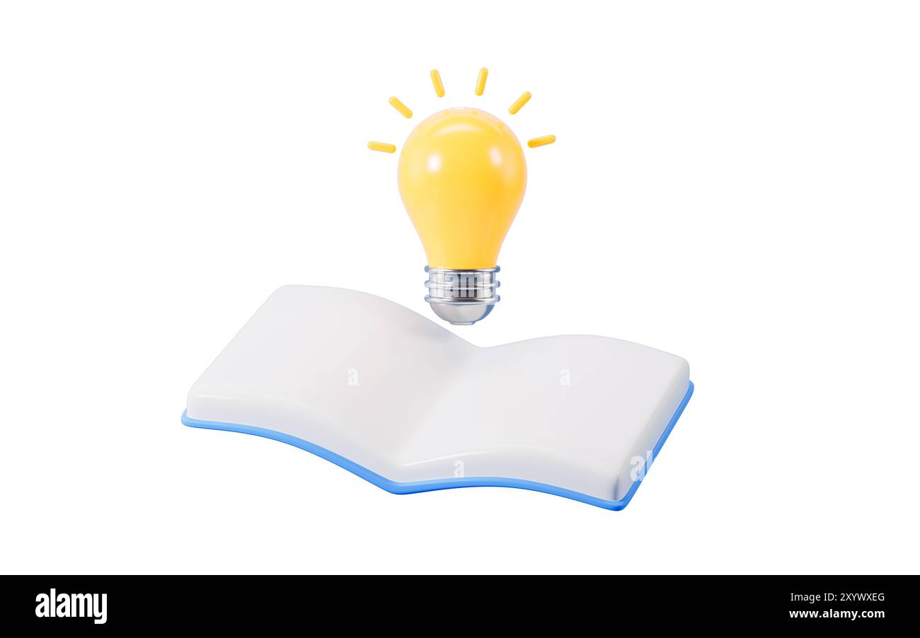 Lampada a fumetti e libri, idee di lettura, apprendimento e concetto di pensiero, rendering 3d. illustrazione 3d. Foto Stock