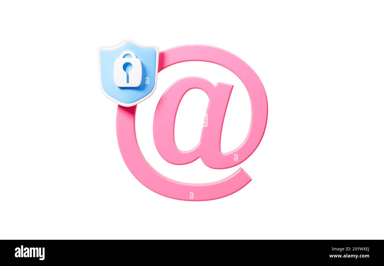 Posta cartoni animati con scudo, crittografia della posta, rendering 3D. illustrazione 3d. Foto Stock