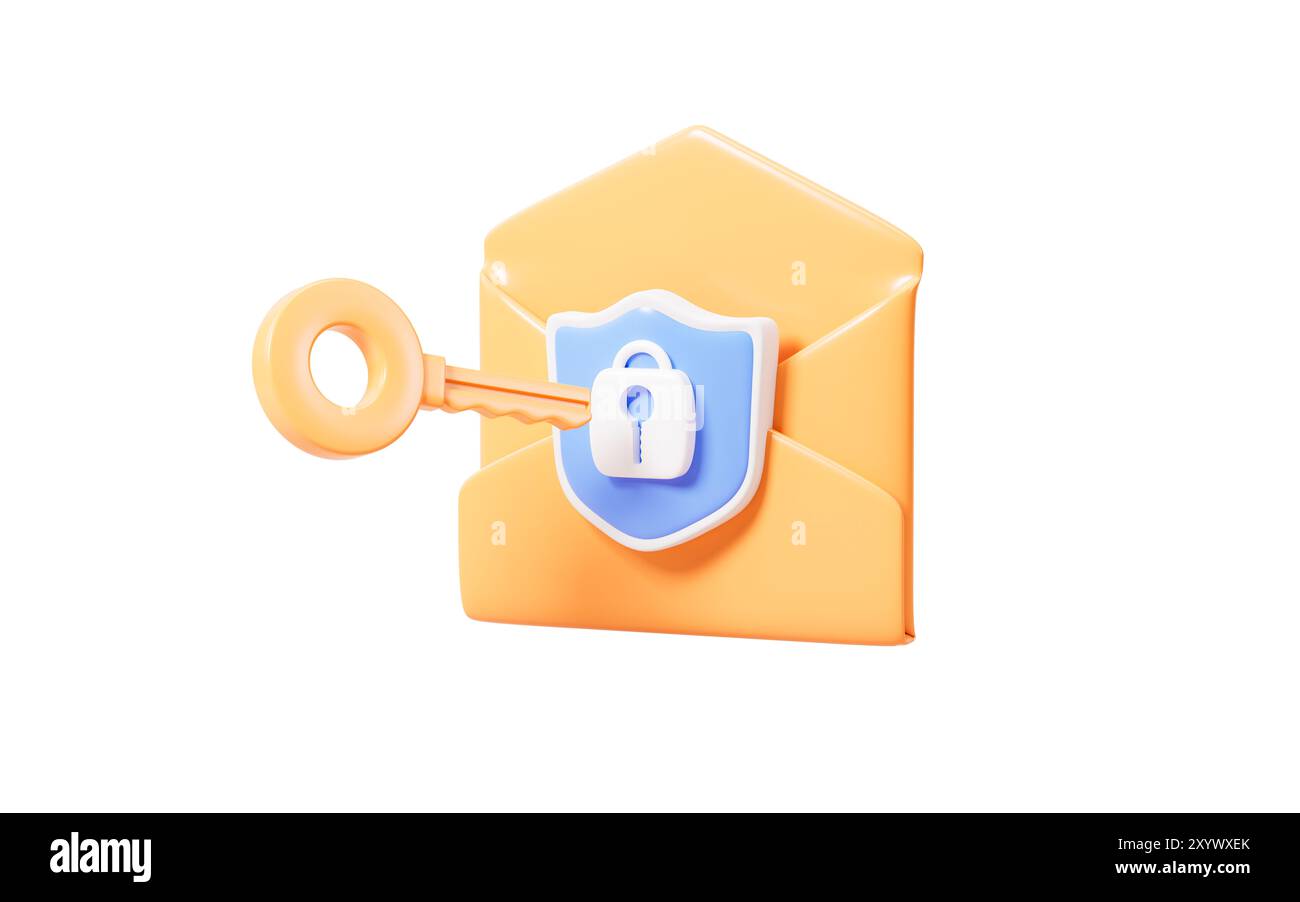 Posta di cartone animato con scudo, sblocco di e-mail crittografate, rendering 3D. illustrazione 3d. Foto Stock