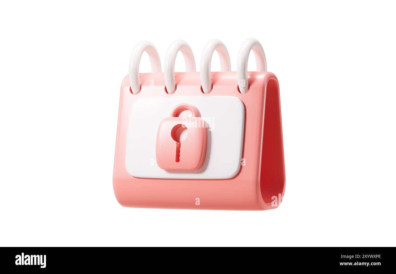 Calendario dei cartoni animati e lucchetto, crittografia della pianificazione, rendering 3D. illustrazione 3d. Foto Stock