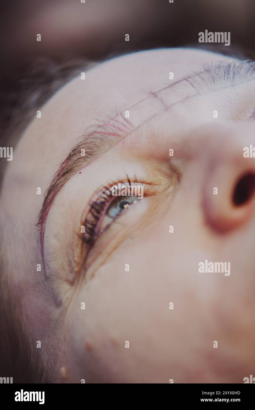 L'estetista sta applicando il trucco permanente sulle sopracciglia di una donna in un salone di bellezza. L'estetista utilizza un attrezzo speciale per applicare il pigmento al sk Foto Stock