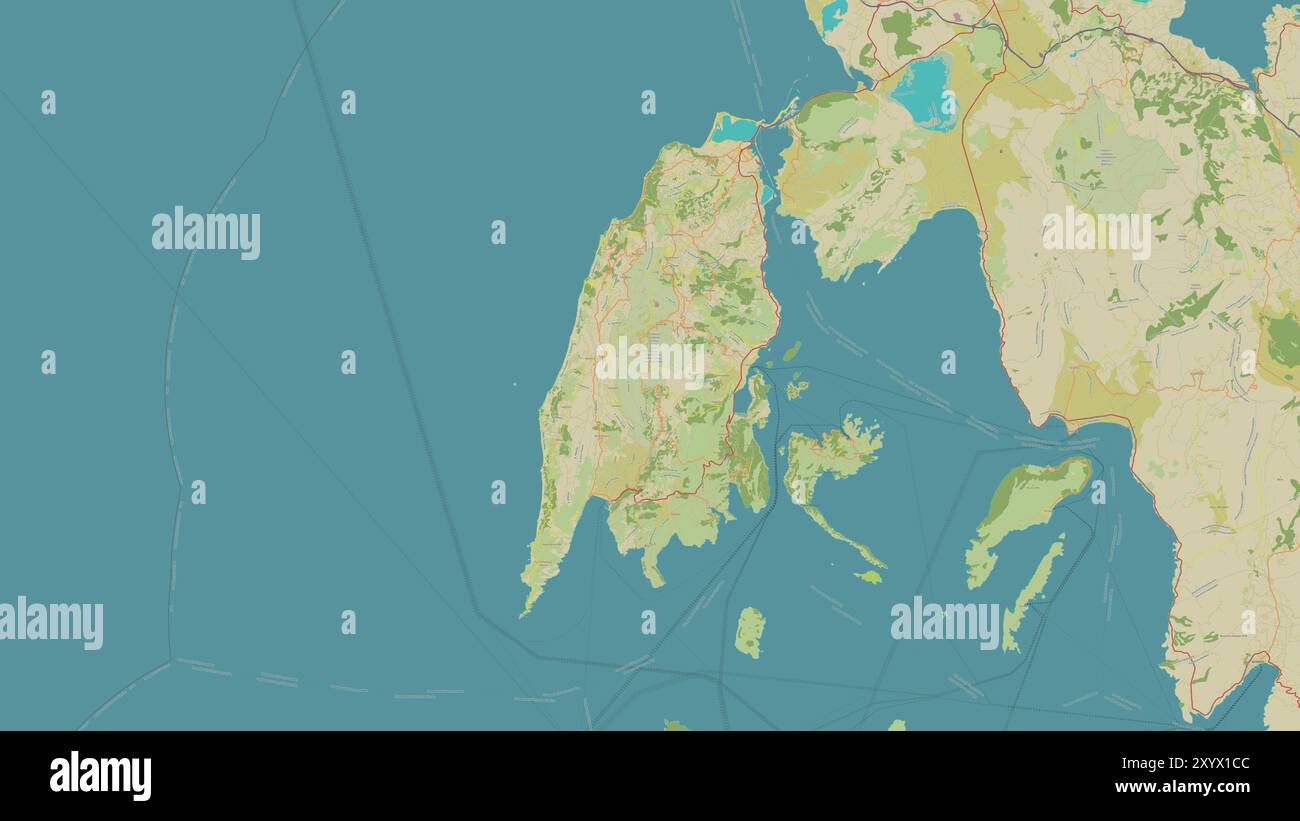Isola di Lefkada nel Mar Ionio su una mappa topografica in stile umanitario OSM Foto Stock