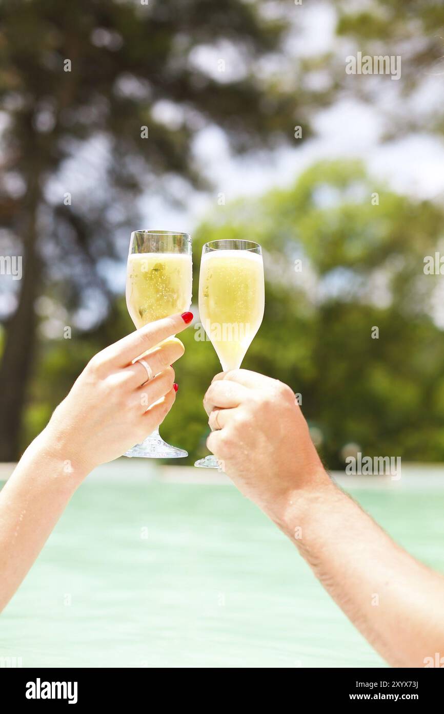Uomo e donna che fanno brindisi con champagne Foto stock - Alamy