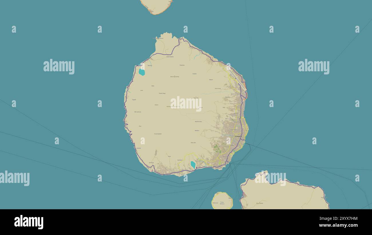 Pulau Ternate nel Mare delle Molukka su una mappa topografica in stile umanitario OSM Foto Stock