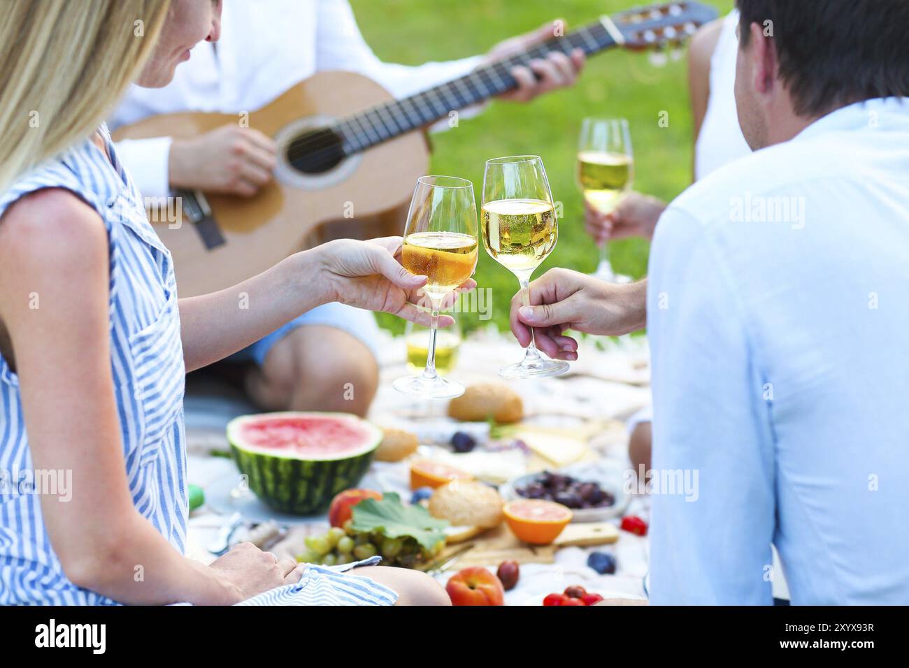 Picnic estivo con vino bianco. Parte esterna o celebrazione Foto Stock