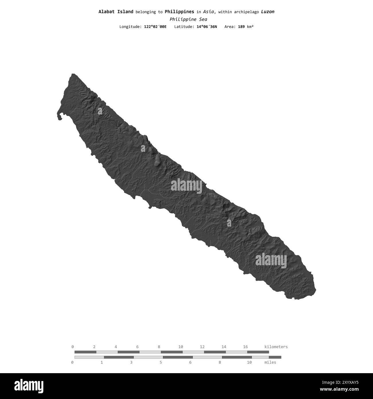 L'isola di Alabat nel Mar delle Filippine, isolata su una mappa di elevazione a due livelli, con scala di distanza Foto Stock