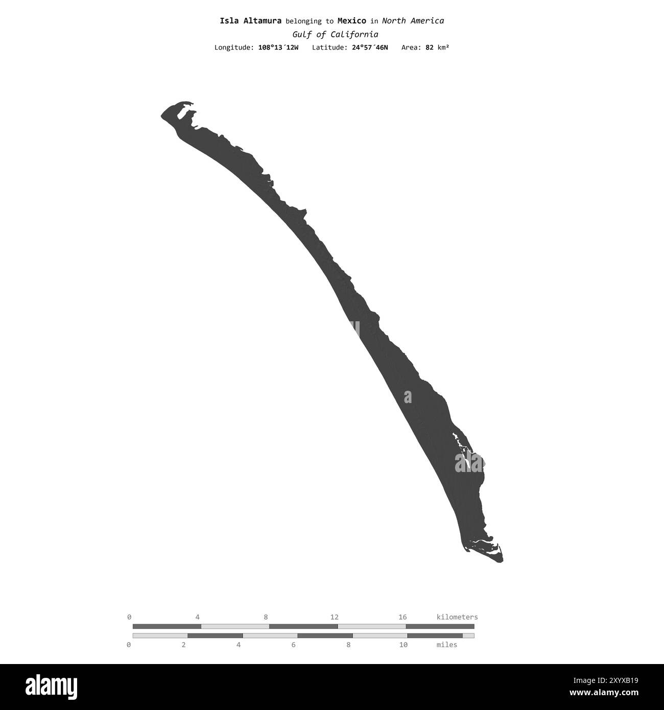 Isla Altamura nel Golfo della California, appartenente al Messico, isolata su una mappa di elevazione a due livelli, con scala di distanza Foto Stock