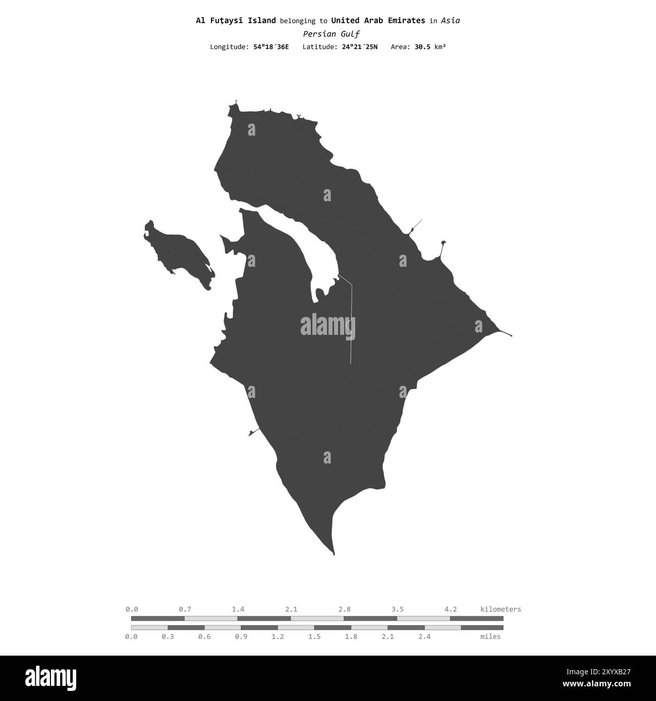 Isola di al Futaysi nel Golfo Persico, appartenente agli Emirati Arabi Uniti, isolata su una mappa a due livelli, con scala di distanza Foto Stock