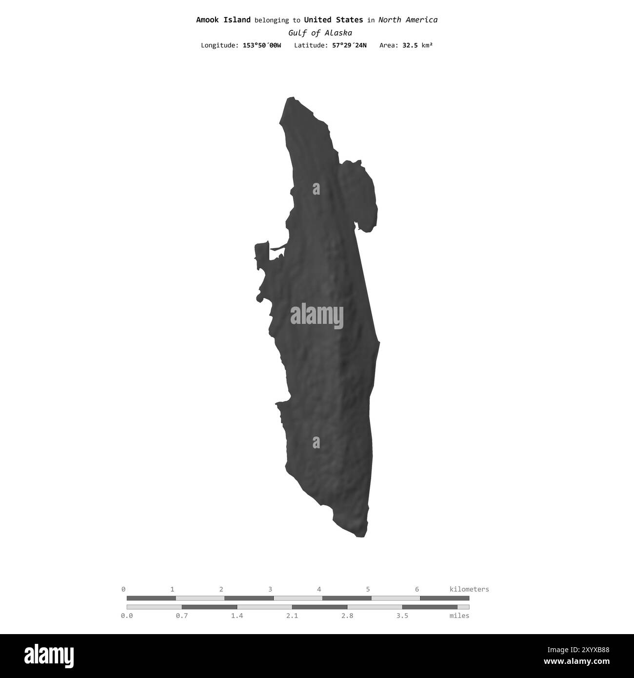 Isola di Amook nel Golfo dell'Alaska, appartenente agli Stati Uniti, isolata su una mappa di elevazione a due livelli, con scala di distanza Foto Stock