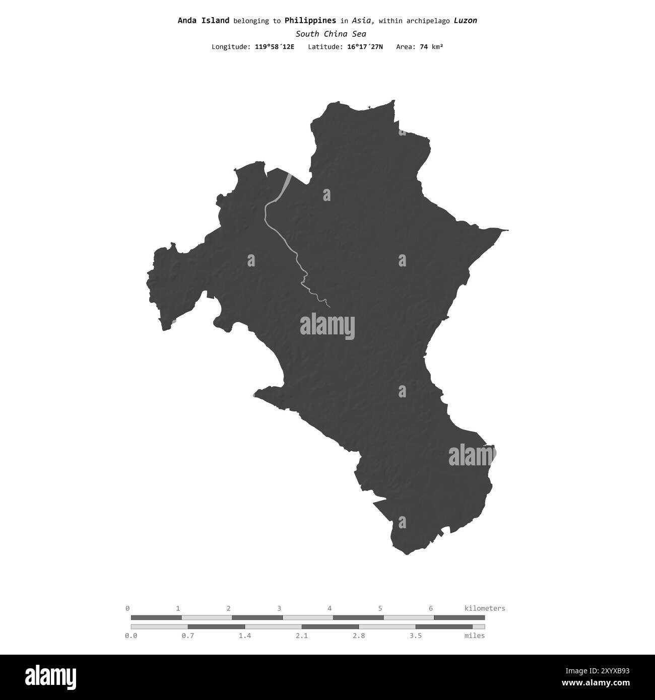 Isola di Anda nel Mar Cinese meridionale, appartenente alle Filippine, isolata su una mappa di elevazione a due livelli, con scala di distanza Foto Stock