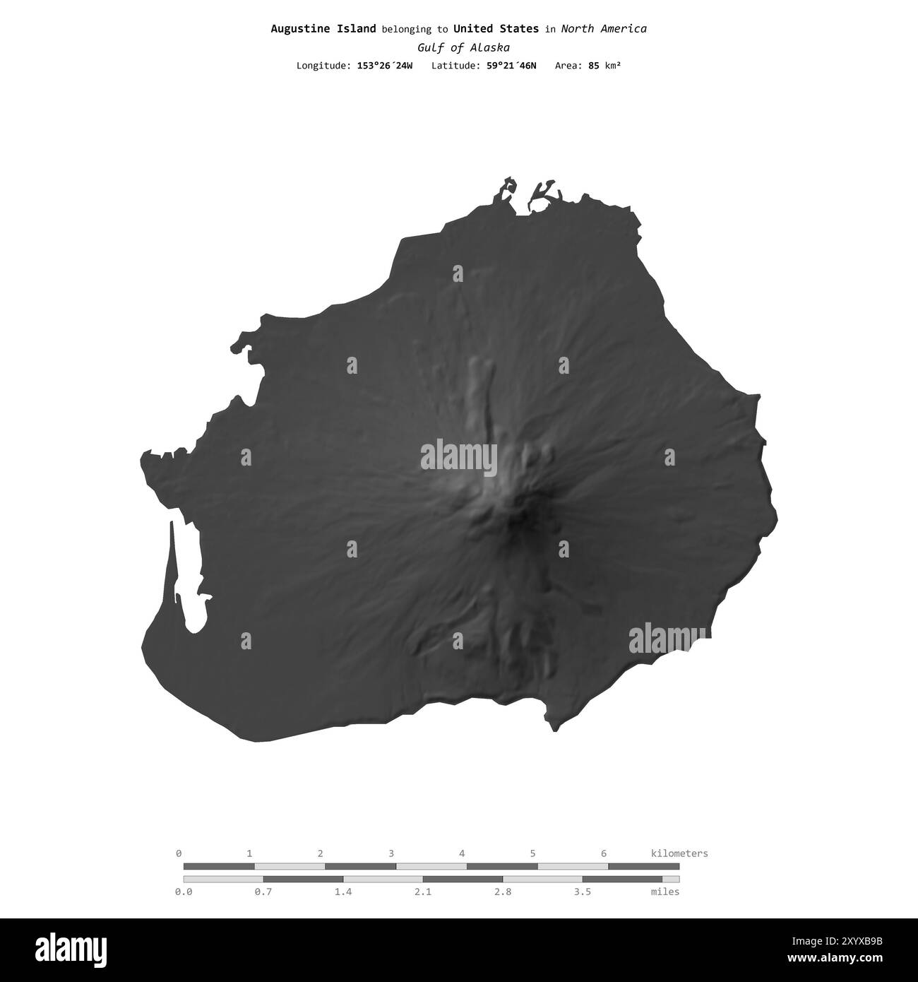 Augustine Island nel Golfo dell'Alaska, appartenente agli Stati Uniti, isolata su una mappa di elevazione a due livelli, con scala di distanza Foto Stock