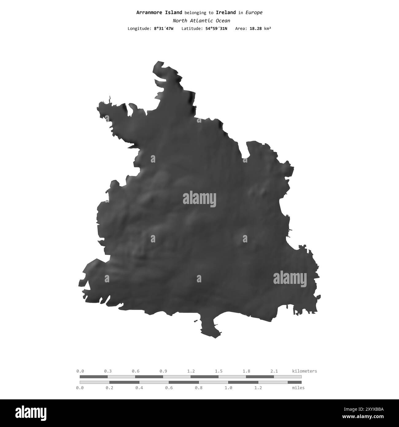 Isola di Arranmore nell'Oceano Atlantico settentrionale, appartenente all'Irlanda, isolata su una mappa di elevazione a due livelli, con scala di distanza Foto Stock