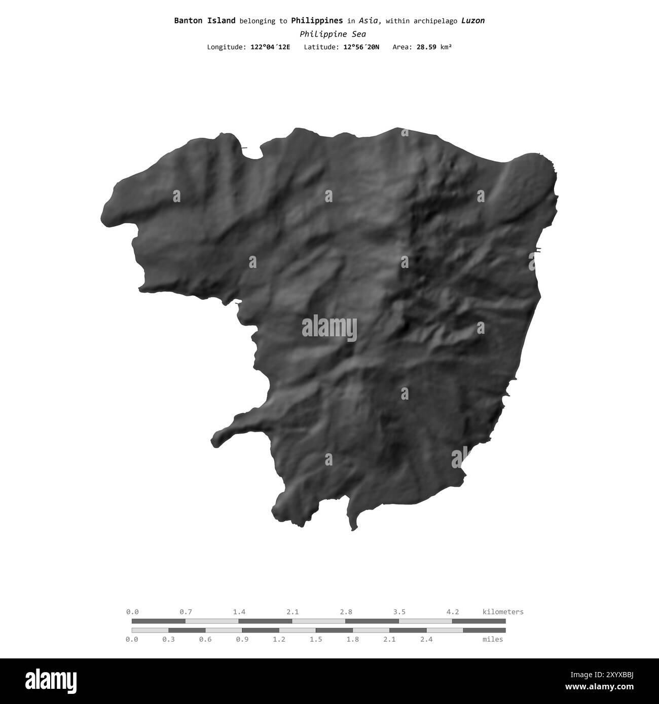 Isola di Banton nel Mar delle Filippine, isolata su una mappa di elevazione a due livelli, con scala di distanza Foto Stock