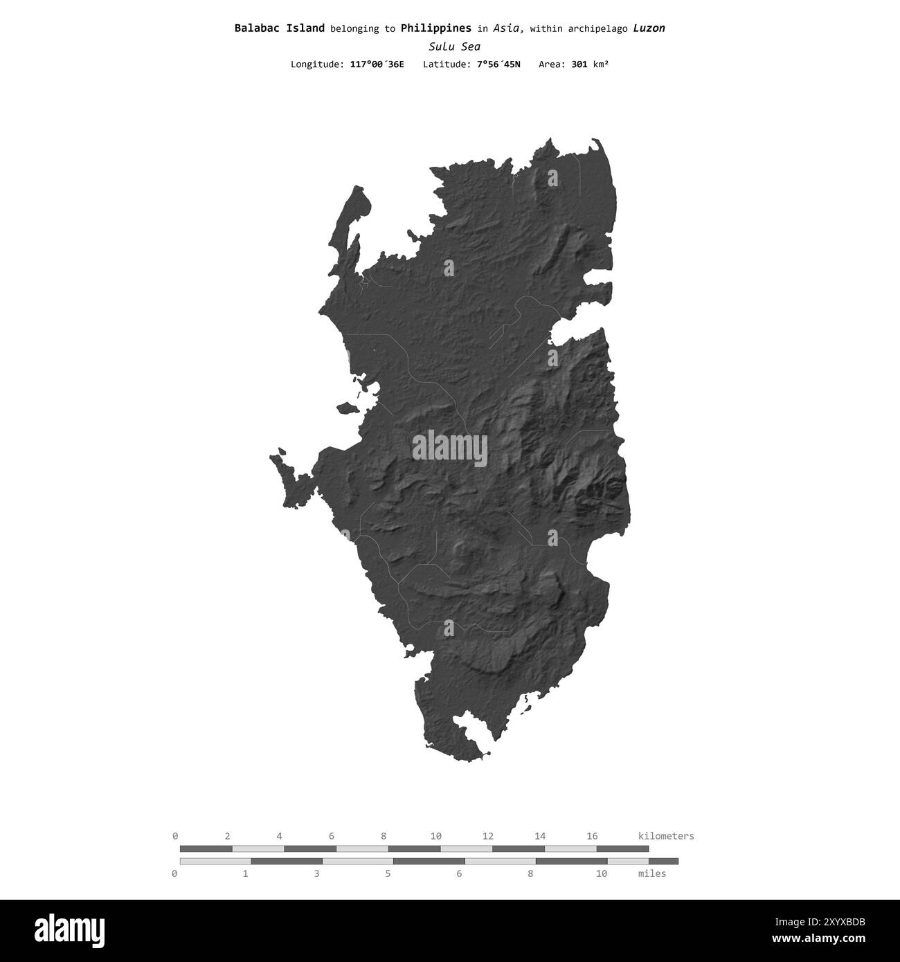 Isola di Balabac nel Mare di Sulu, appartenente alle Filippine, isolata su una mappa di elevazione a due livelli, con scala di distanza Foto Stock