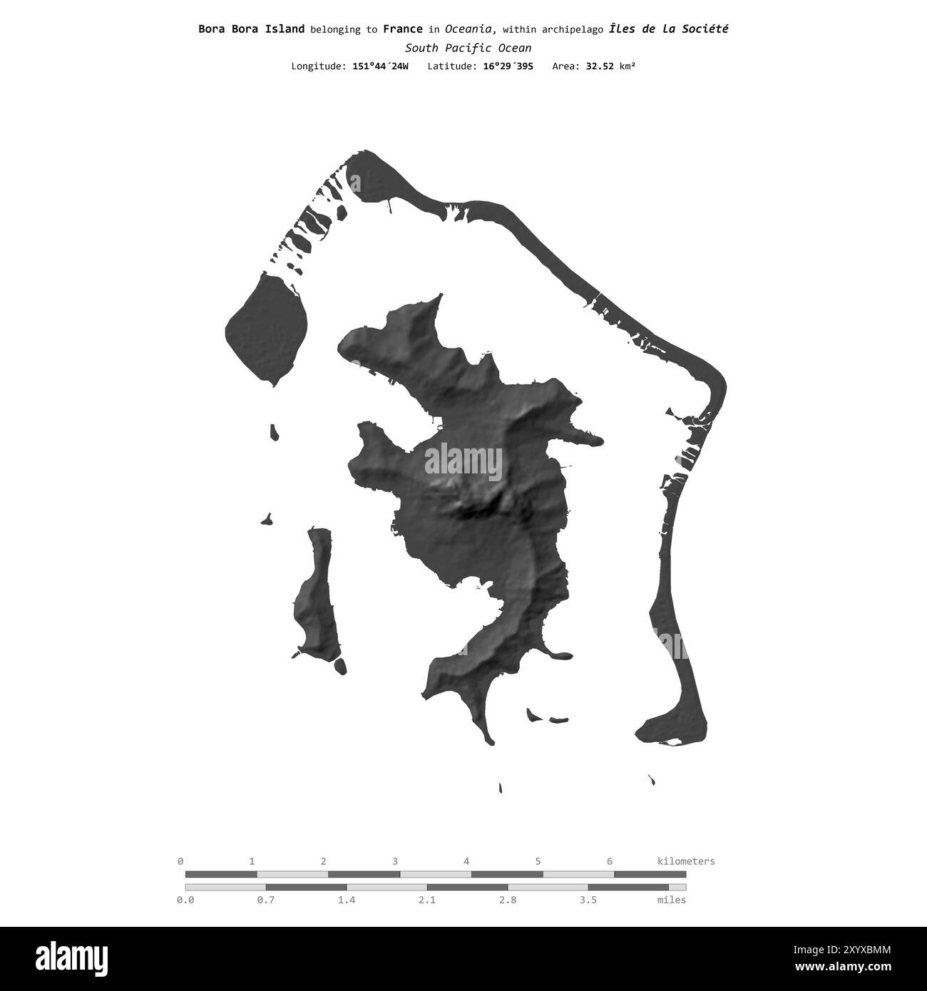 Isola di Bora Bora nell'Oceano Pacifico meridionale, appartenente alla Francia, isolata su una mappa di elevazione a due livelli, con scala di distanza Foto Stock