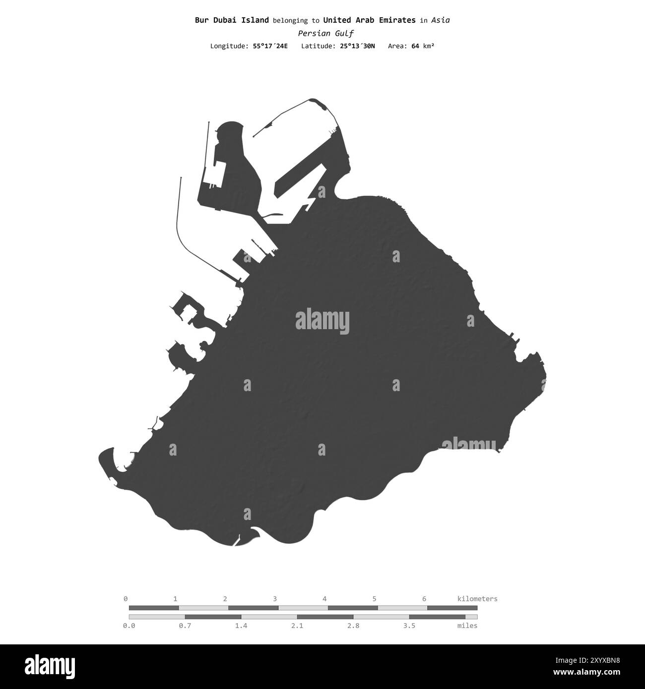 Bur Dubai Island nel Golfo Persico, appartenente agli Emirati Arabi Uniti, isolata su una mappa a due livelli, con scala di distanza Foto Stock