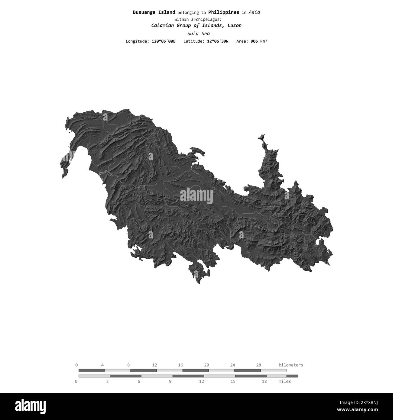 Isola di Busuanga nel Mare di Sulu, appartenente alle Filippine, isolata su una mappa di elevazione a due livelli, con scala di distanza Foto Stock