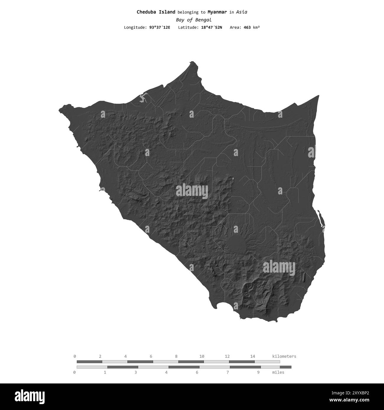 Isola di Cheduba nel Golfo del Bengala, appartenente al Myanmar, isolata su una mappa di elevazione a due livelli, con scala di distanza Foto Stock