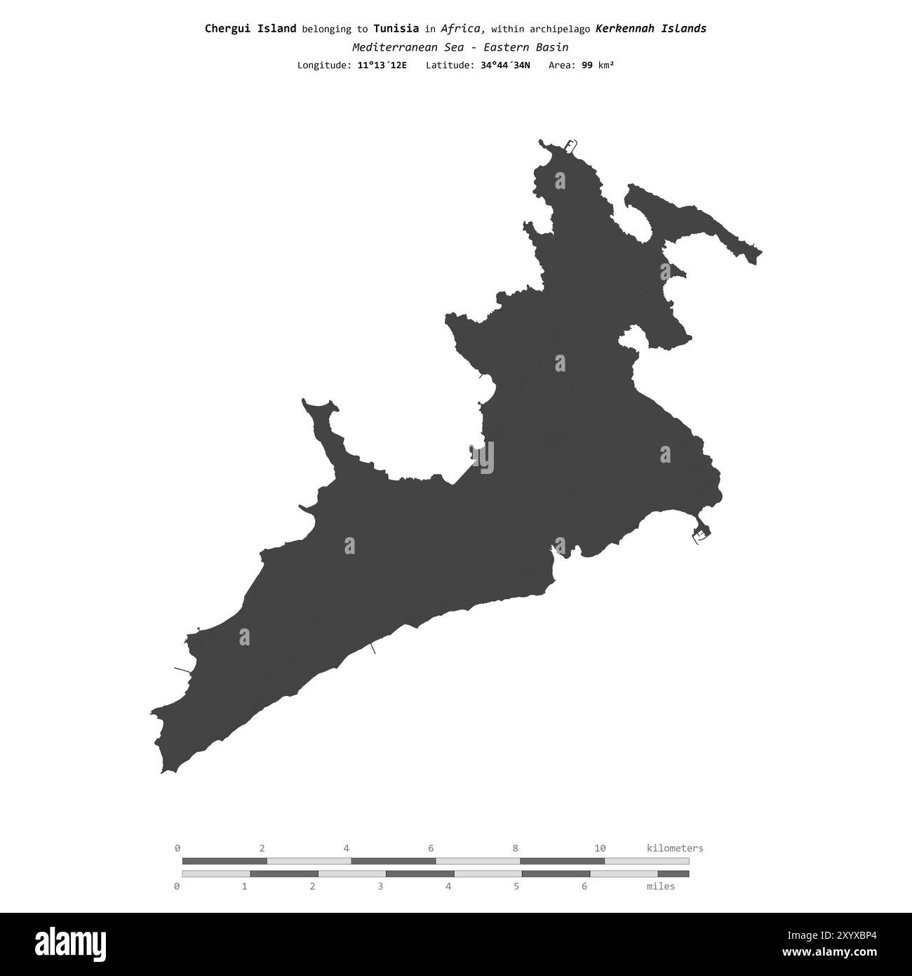 Isola di Chergui nel Mar Mediterraneo - bacino orientale, appartenente alla Tunisia, isolata su una mappa di elevazione a due livelli, con scala di distanza Foto Stock