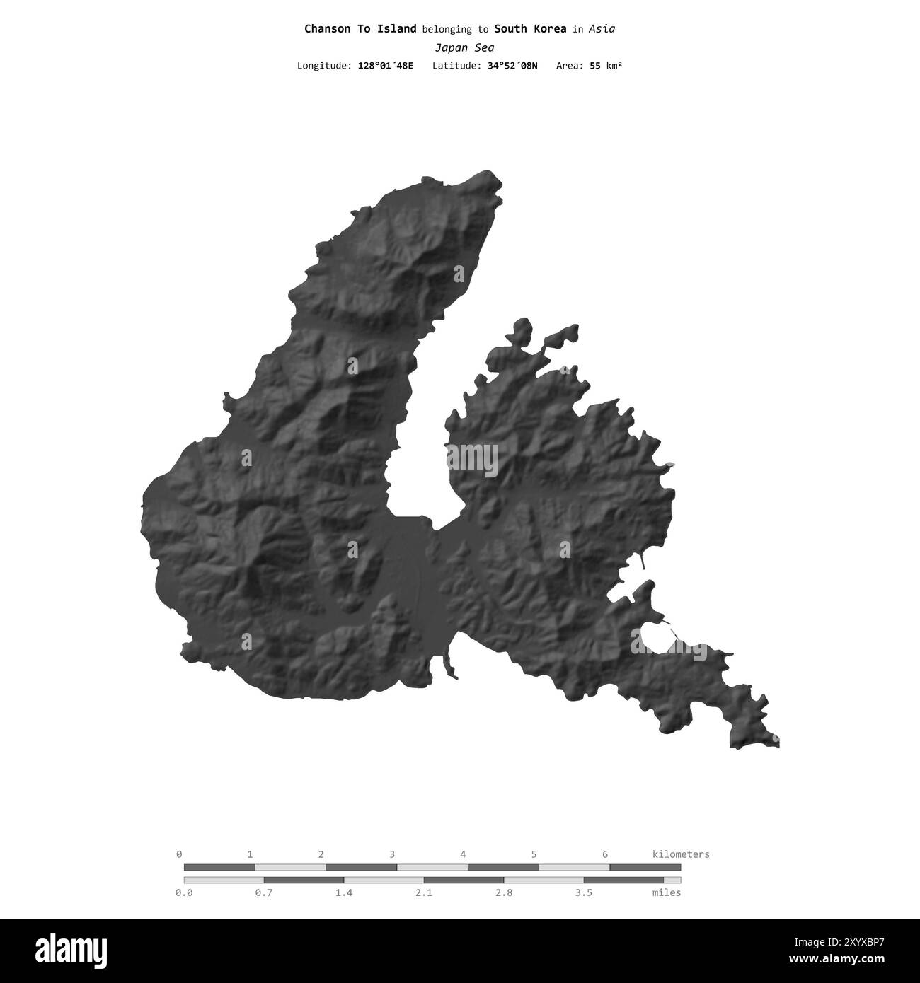 Chanson to Island nel Mar del Giappone, appartenente alla Corea del Sud, isolato su una mappa di elevazione a due livelli, con scala di distanza Foto Stock