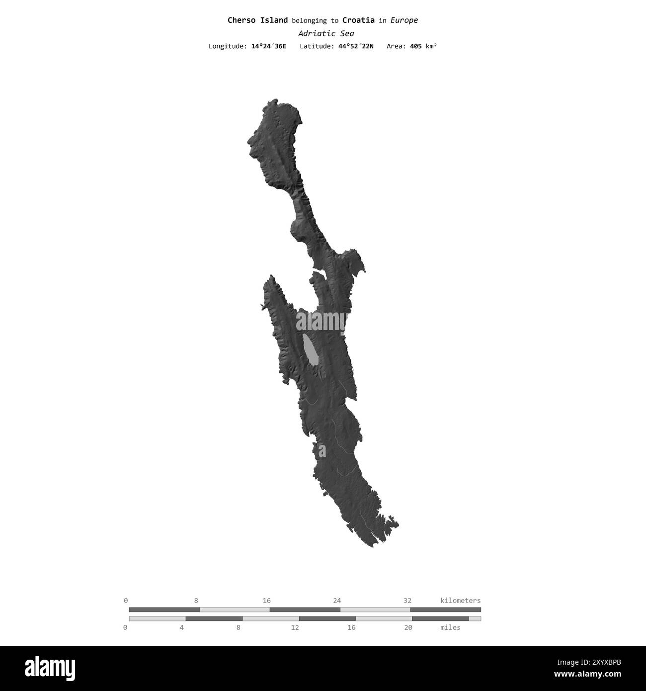 Isola di Cherso nel Mare Adriatico, appartenente alla Croazia, isolata su una mappa di elevazione a due livelli, con scala di distanza Foto Stock