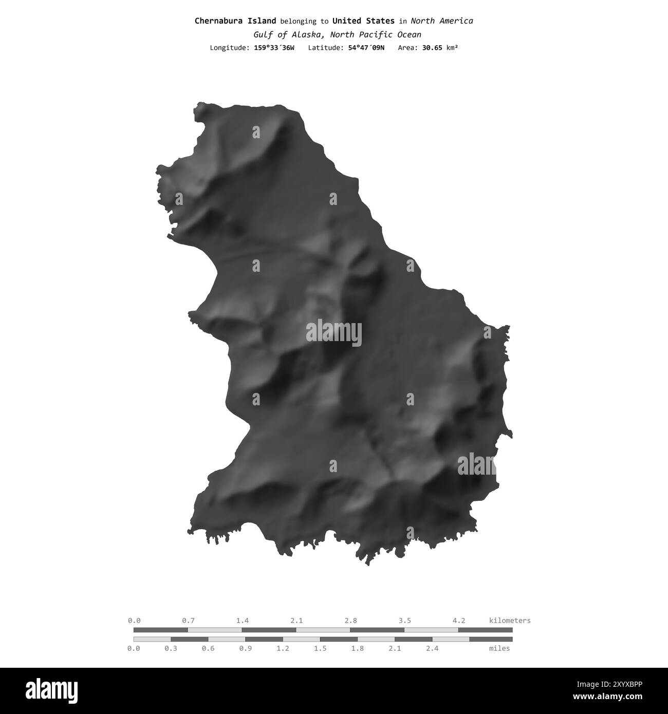 Isola Chernabura nel Golfo dell'Alaska, appartenente agli Stati Uniti, isolata su una mappa di elevazione a due livelli, con scala di distanza Foto Stock