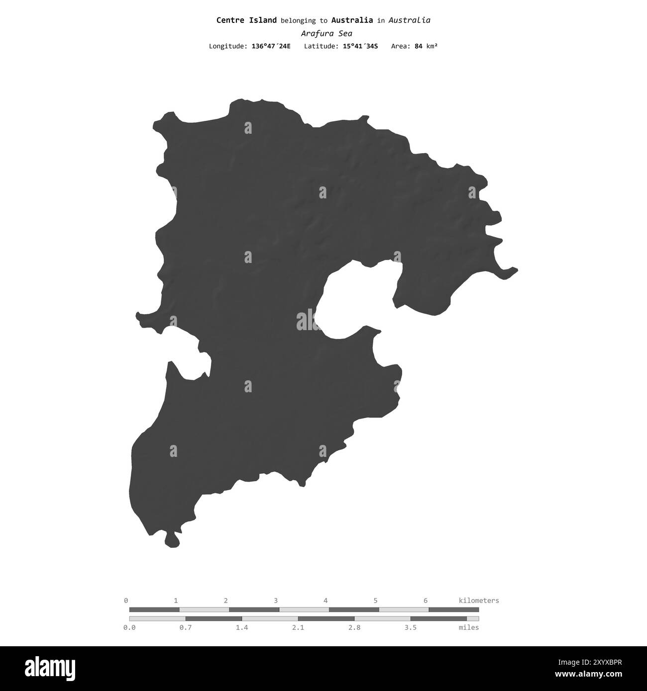 Centre Island nel Mare di Arafura, appartenente all'Australia, isolata su una mappa di elevazione a due livelli, con scala di distanza Foto Stock