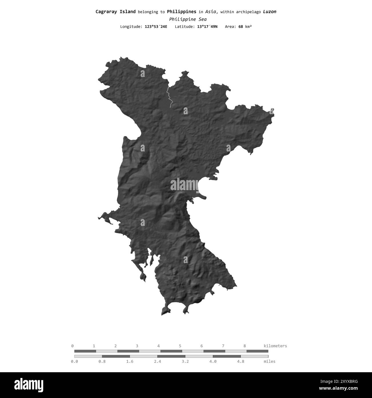 Isola di Cagraray, nel Mar delle Filippine, isolata su una mappa di elevazione a due livelli, con scala di distanza Foto Stock