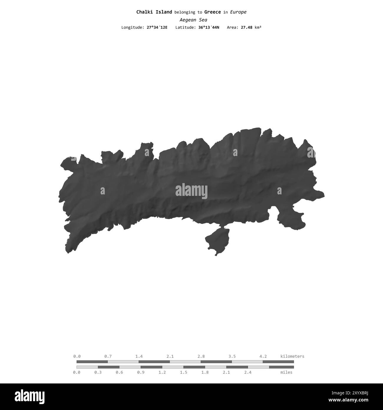 Isola di Chalki nel Mar Egeo, appartenente alla Grecia, isolata su una mappa di elevazione a due livelli, con scala di distanza Foto Stock