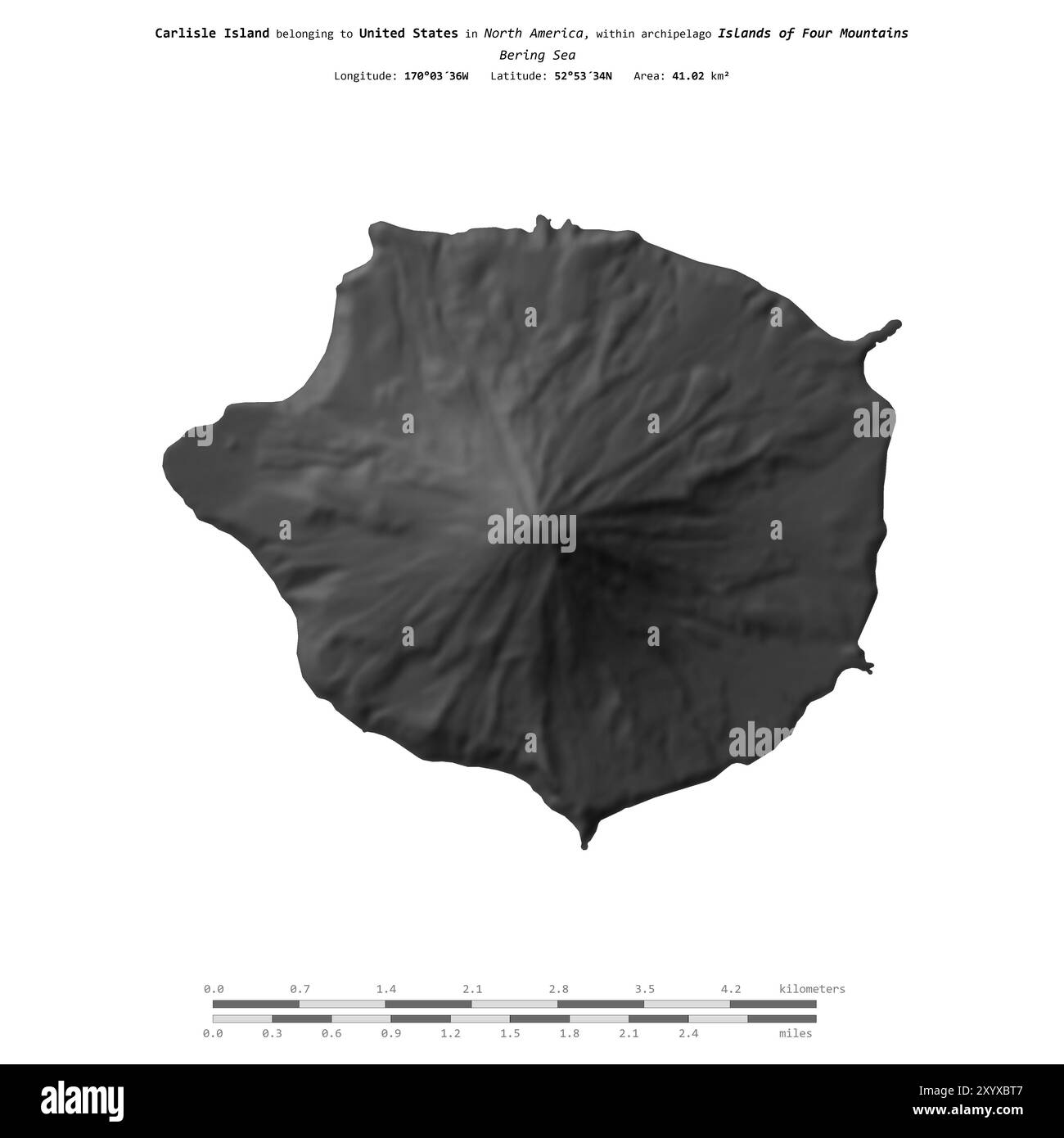 Carlisle Island nel Mare di Bering, appartenente agli Stati Uniti, isolata su una mappa di elevazione a due livelli, con scala di distanza Foto Stock