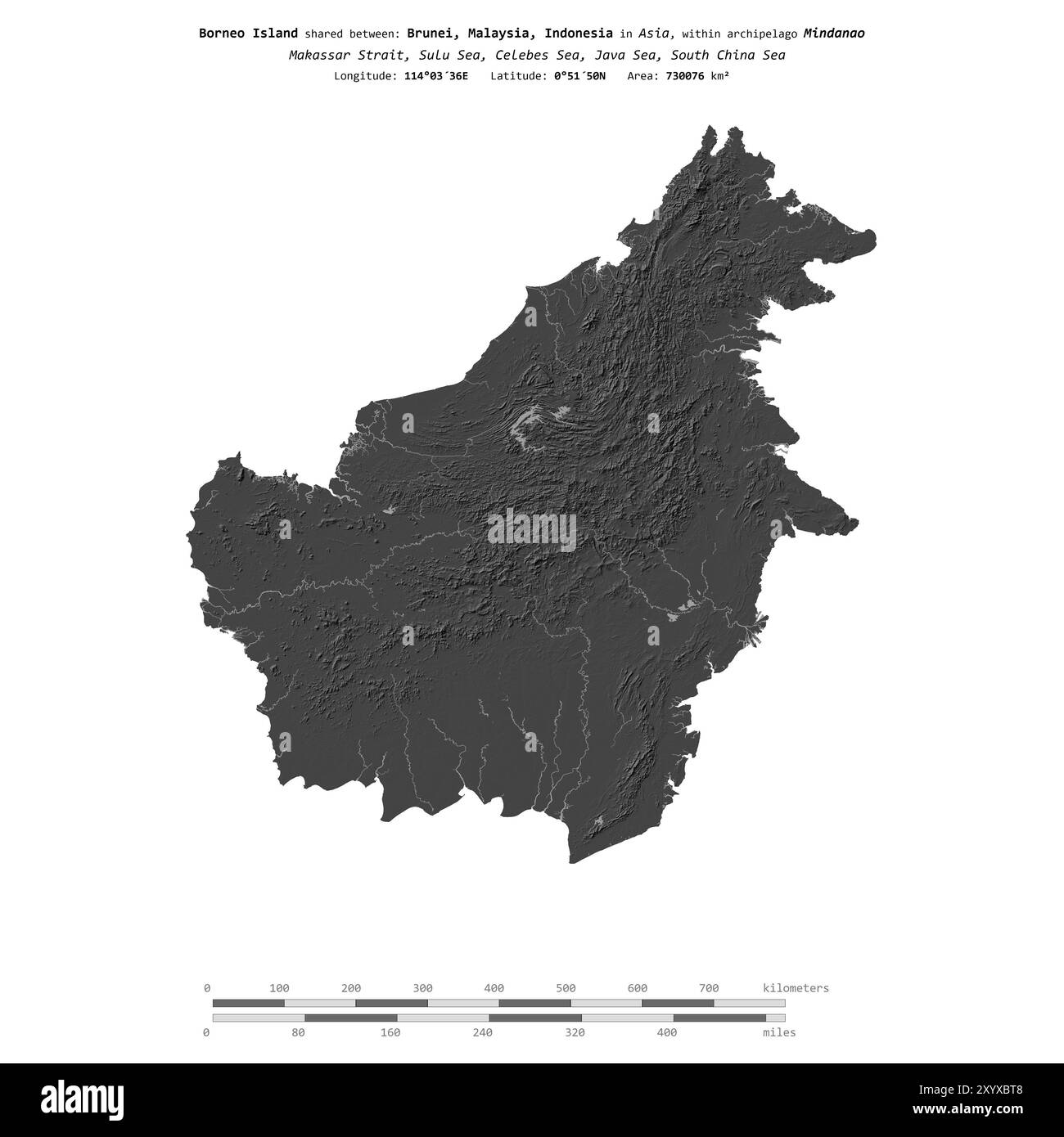 L'isola del Borneo nel Mare di Sulu, divisa tra: Brunei, Malesia, Indonesia, isolata su una mappa di elevazione a due livelli, con scala di distanza Foto Stock