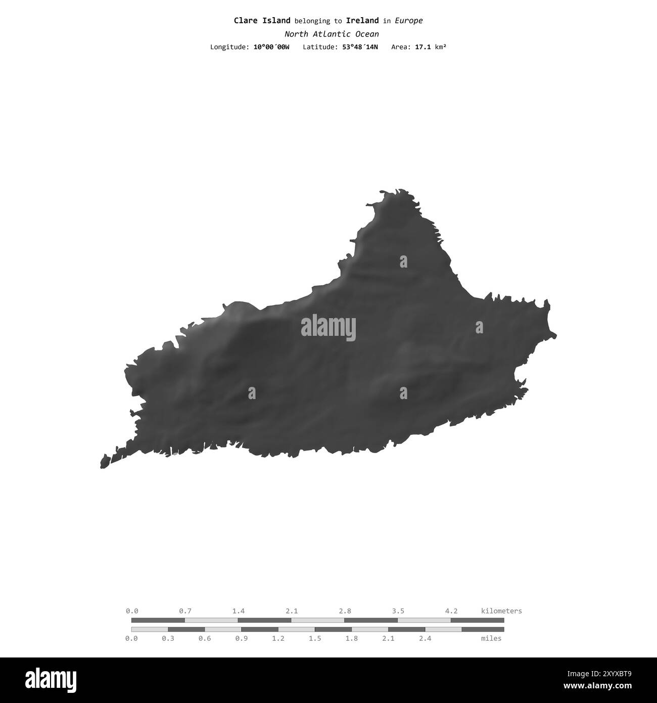 Isola di Clare nell'Oceano Atlantico settentrionale, appartenente all'Irlanda, isolata su una mappa di elevazione a due livelli, con scala di distanza Foto Stock