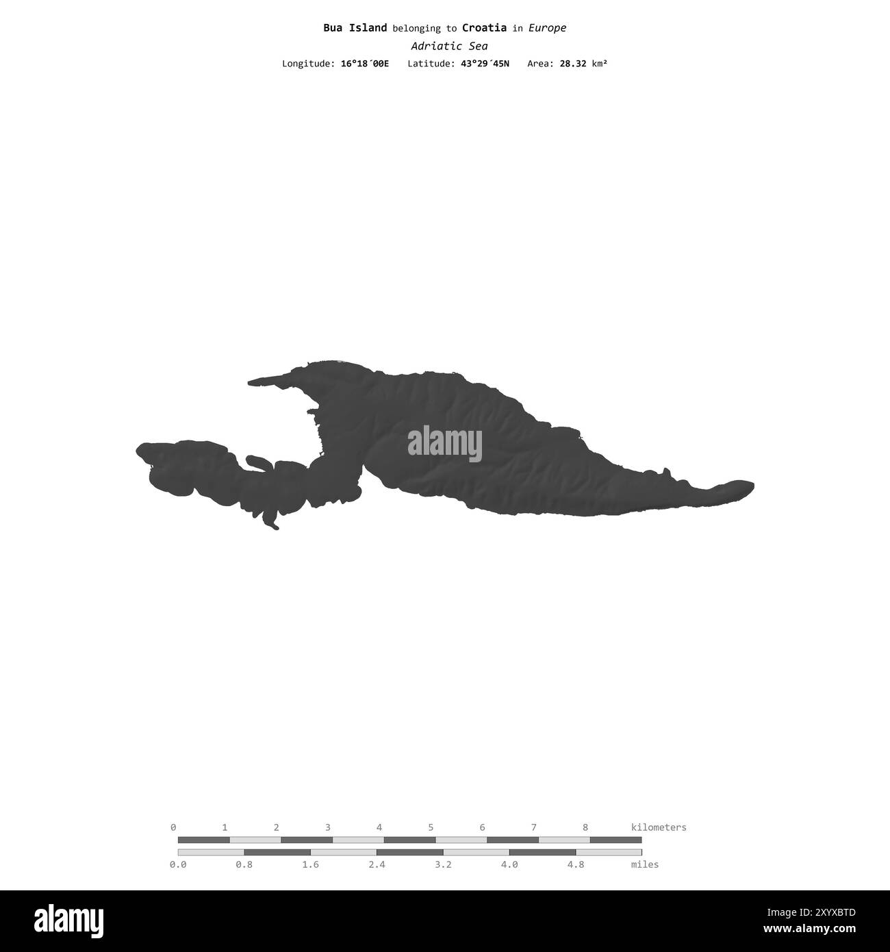 Isola di BUA nel Mare Adriatico, appartenente alla Croazia, isolata su una mappa di elevazione a due livelli, con scala di distanza Foto Stock