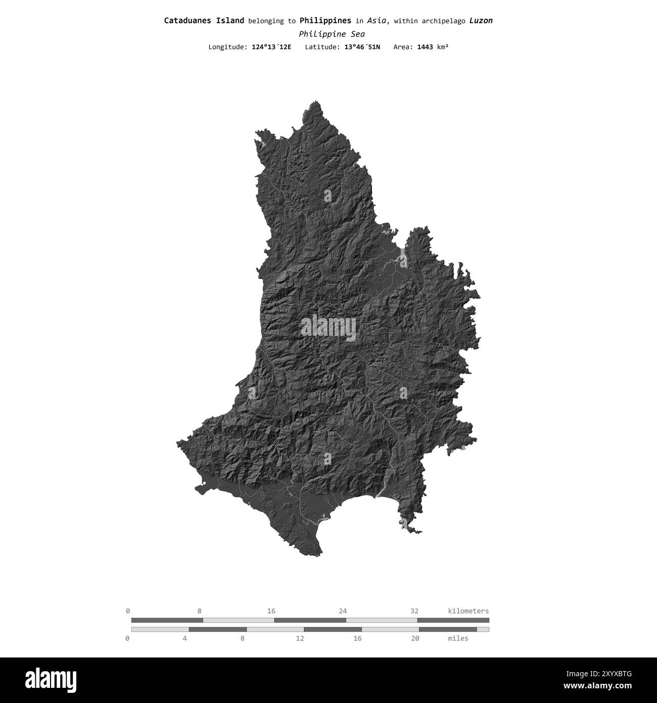 Cataduanes Island nel Mar delle Filippine, isolata su una mappa di elevazione a due livelli, con scala di distanza Foto Stock