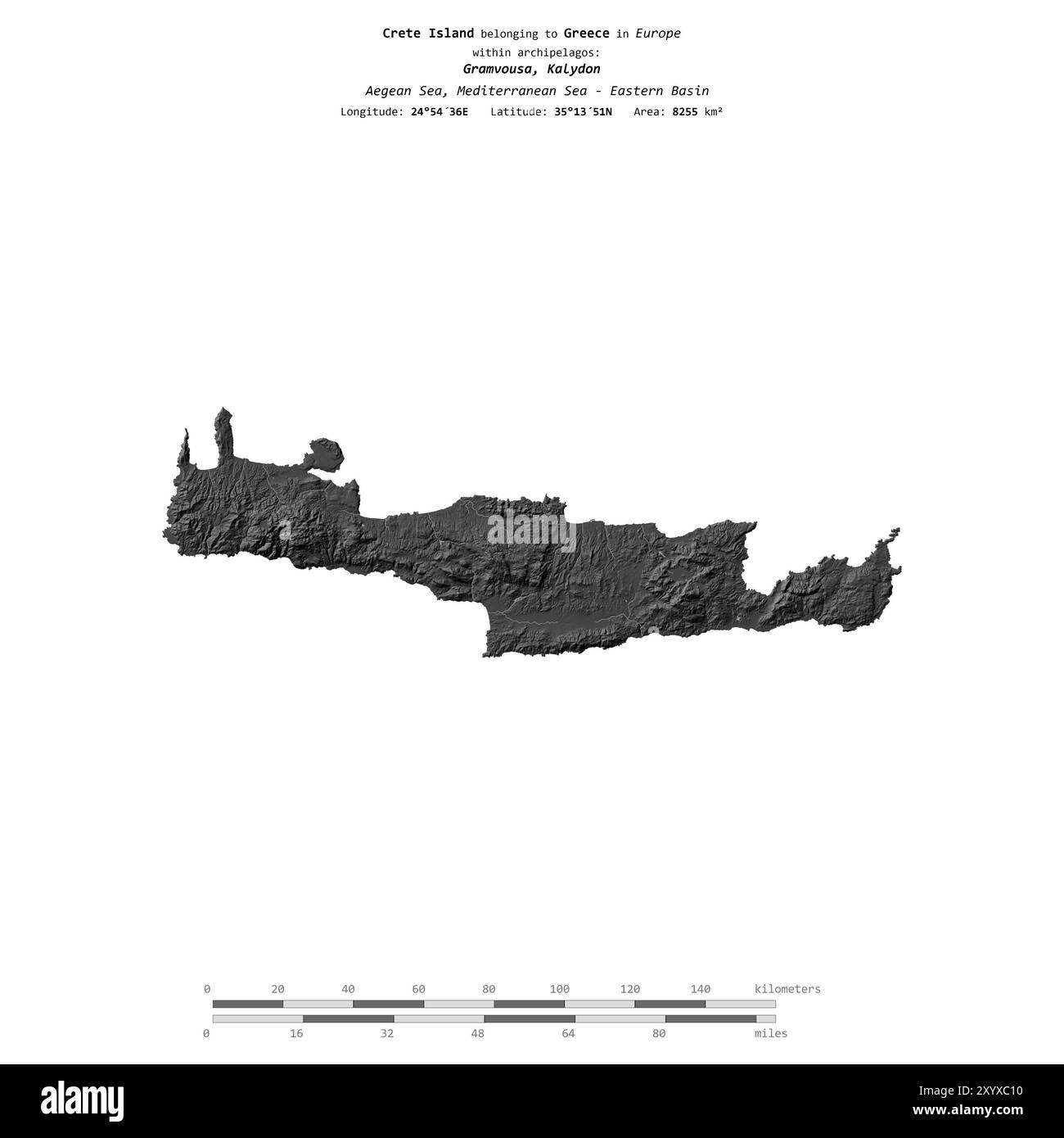 Isola di Creta nel Mar Egeo, appartenente alla Grecia, isolata su una mappa di elevazione a due livelli, con scala di distanza Foto Stock