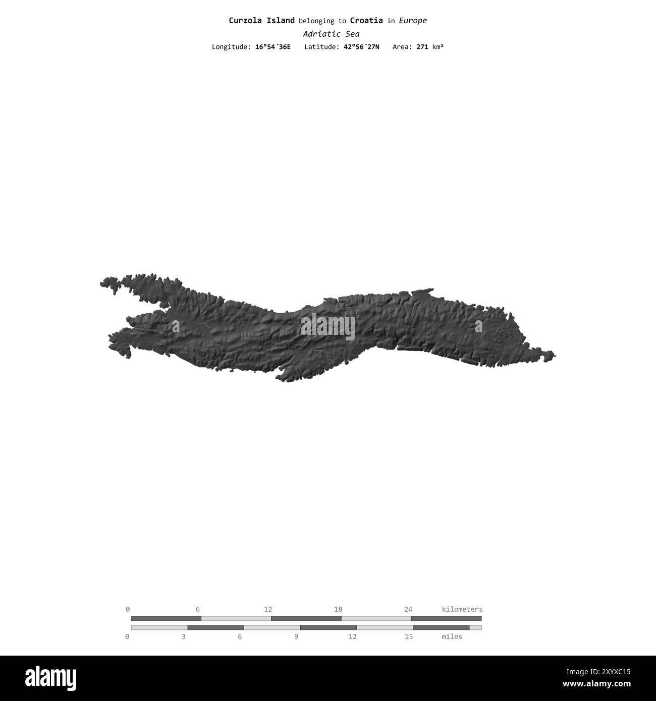Isola di Curzola nel Mare Adriatico, appartenente alla Croazia, isolata su una mappa di elevazione a due livelli, con scala di distanza Foto Stock