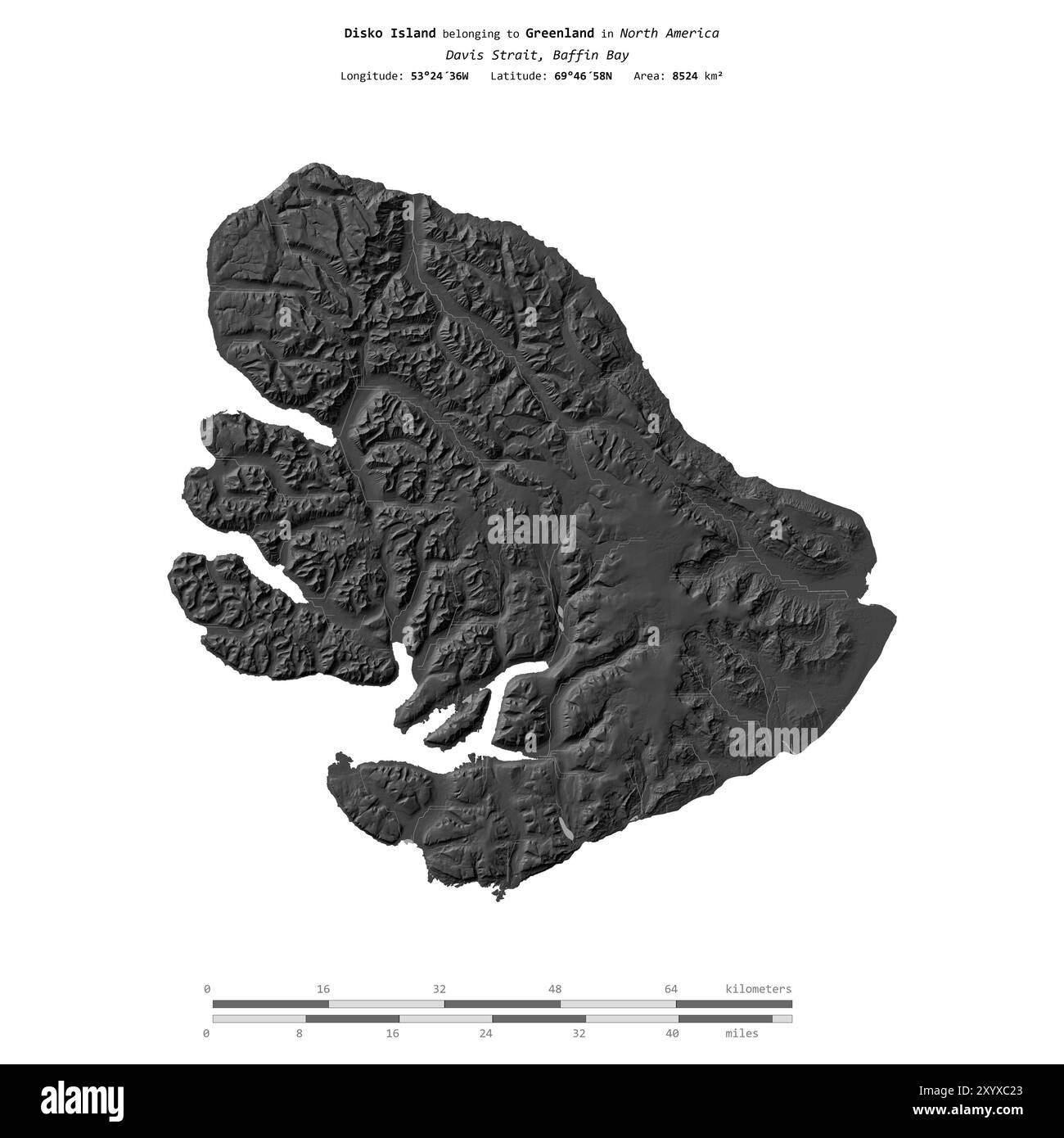 Isola di Disko nella baia di Baffin, appartenente alla Groenlandia, isolata su una mappa di elevazione a due livelli, con scala di distanza Foto Stock