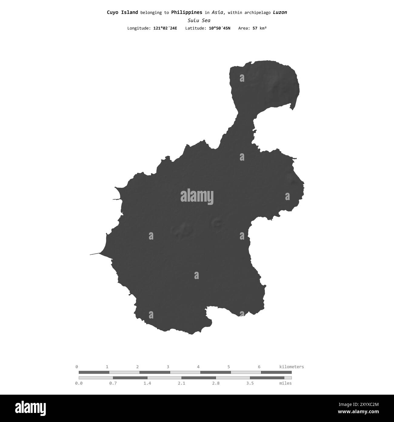 Isola di Cuyo nel Mare di Sulu, appartenente alle Filippine, isolata su una mappa di elevazione a due livelli, con scala di distanza Foto Stock