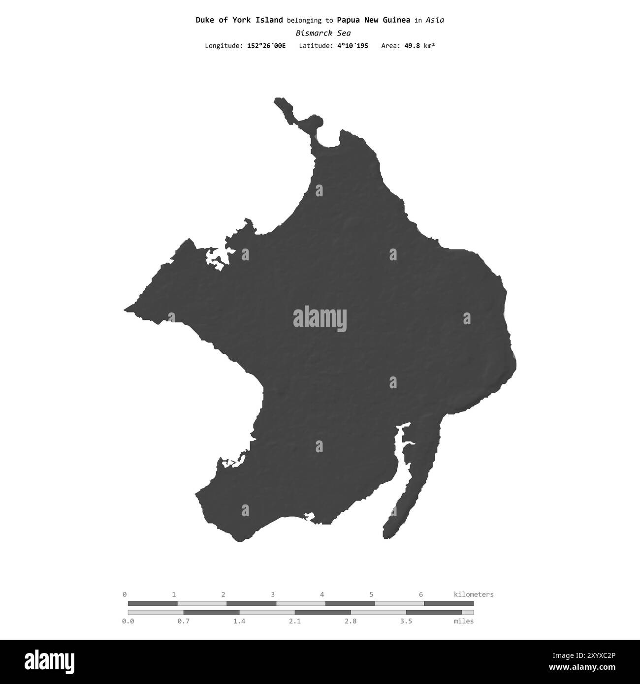 L'isola del Duca di York nel Mare di Bismarck, appartenente alla Papua nuova Guinea, isolata su una mappa di elevazione a due livelli, con scala di distanza Foto Stock