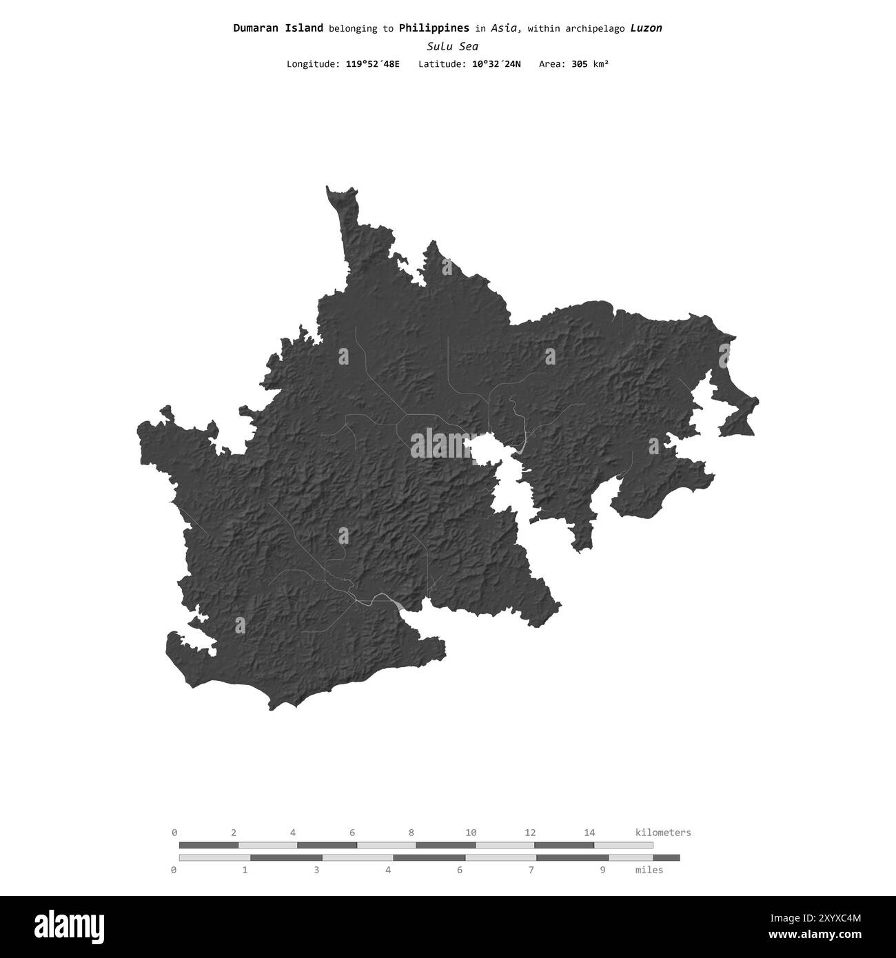 Isola di Dumaran nel Mare di Sulu, appartenente alle Filippine, isolata su una mappa di elevazione a due livelli, con scala di distanza Foto Stock